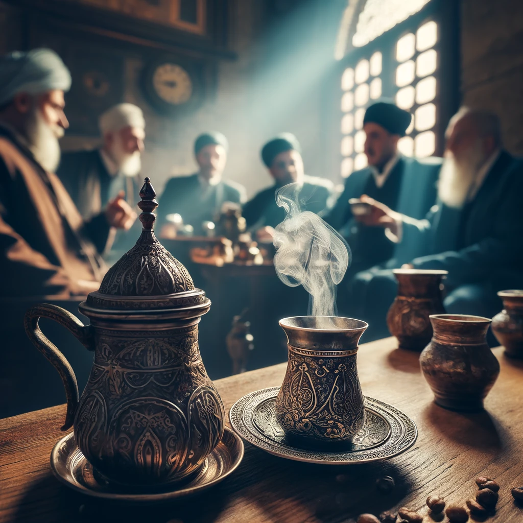 Dall·e 2024 04 13 17.19.25 Close Up View Focusing On Traditional Ottoman Coffee Cups And A Cezve Coffee Pot On A Low Wooden Table At Kiva Han The First Coffeehouse In Istanbu