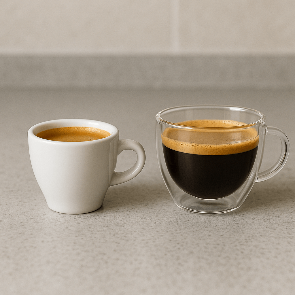 Slika poređenja keramičke i staklene šolje za espresso