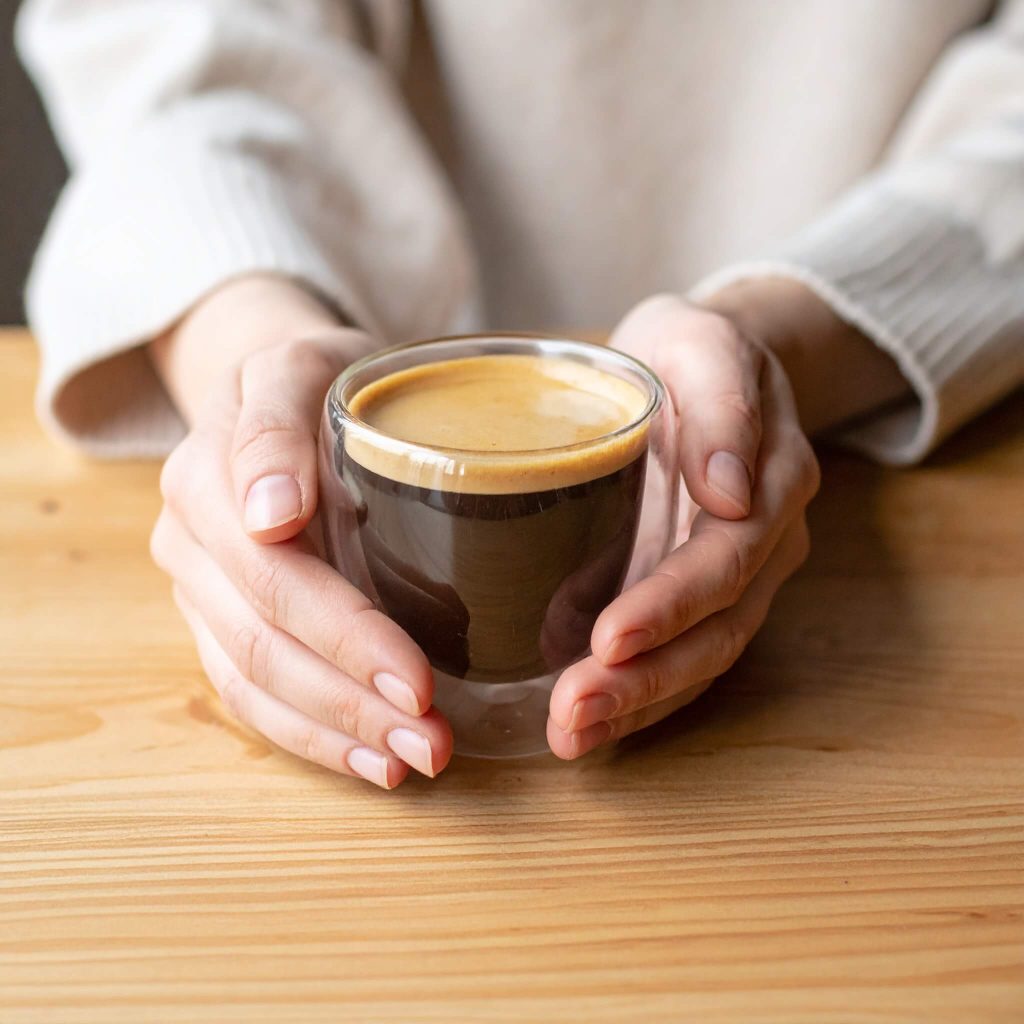 Slika dve ruke koje bezbedno drže vruću kafu koja je sipana u staklenu šolju za espresso