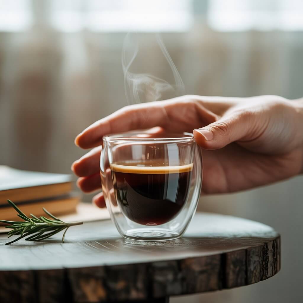 Slika staklene šolje za espresso i ruke koja je bezbedno drži