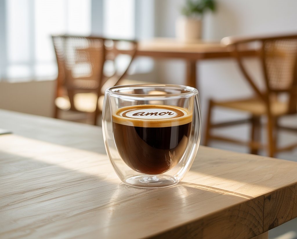 Slika staklene šolje za espresso, na peni je napisano amor